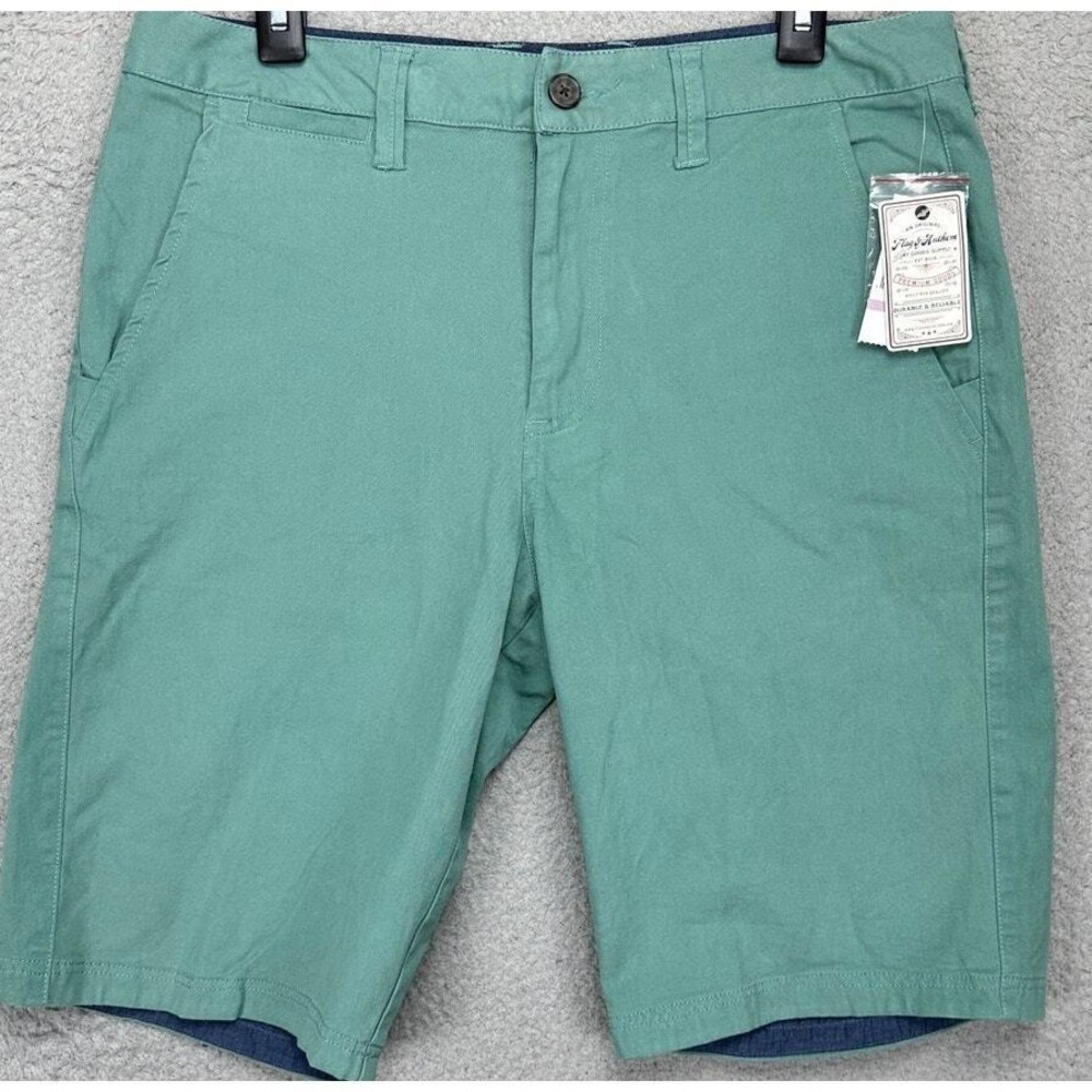 Flag Anthem Shorts Mens 32 Green Khakis Flat‎ Front Stretch Casual Pockets NEW